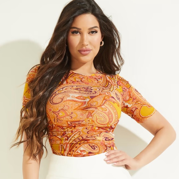 New Marciano Guess Cabo Paisley Print Sheer Mesh Short Sleeve Top M - Picture 1 of 4